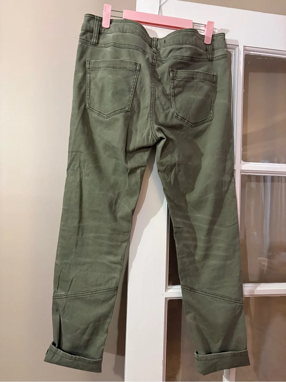 Free People Olive Green Utility-Style Pants with Black Button Detail